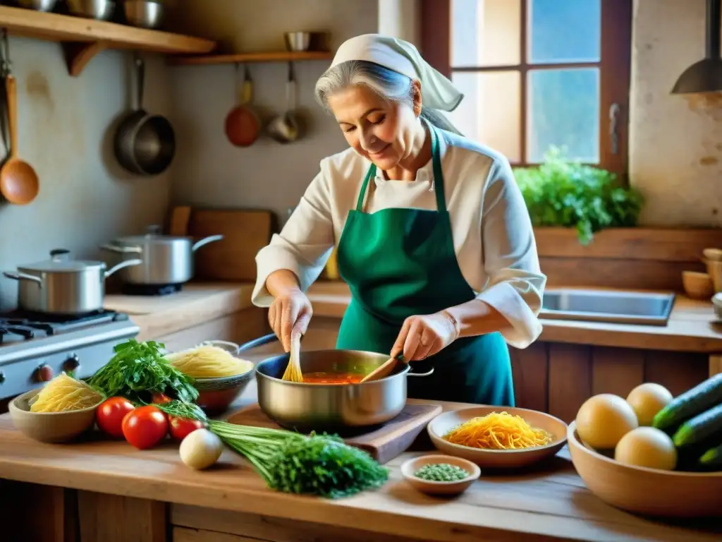 Escena rústica de cocina italiana con una nonna preparando Minestrone