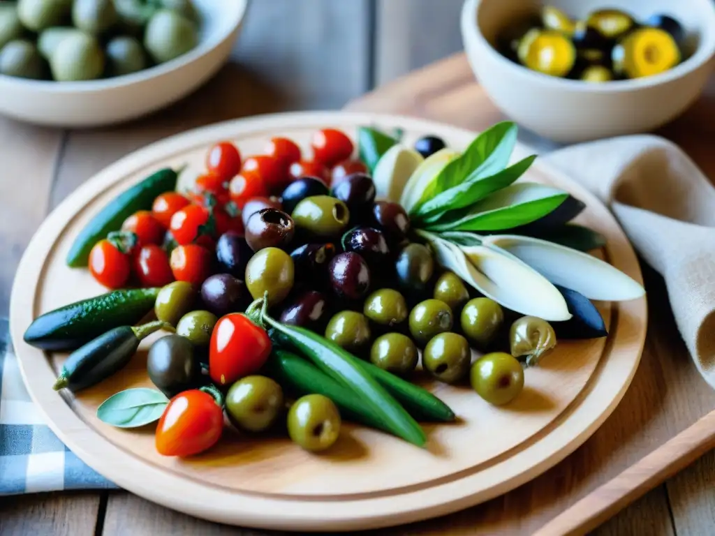 Escena rústica de cocina italiana con antipasti vegetarianos coloridos y vibrantes