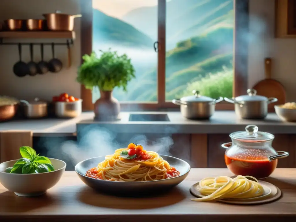 Escena culinaria italiana: pasta fresca, chef experto y ambiente acogedor Una escena rústica de cocina italiana con platos de pasta fresca, salsa de tomate, albahaca, queso parmesano, chef amasando raviolis y ambiente cálido