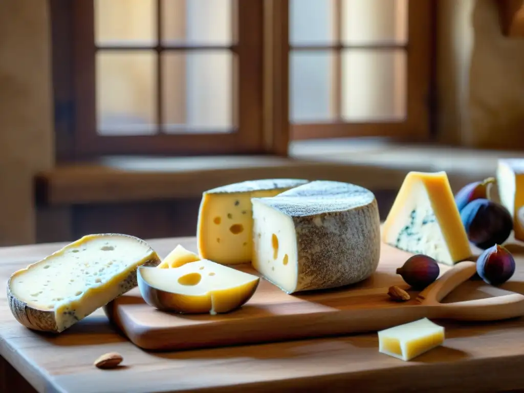 Una escena rústica de cocina italiana con influencia de quesos italianos en la cocina internacional, destacando texturas y colores