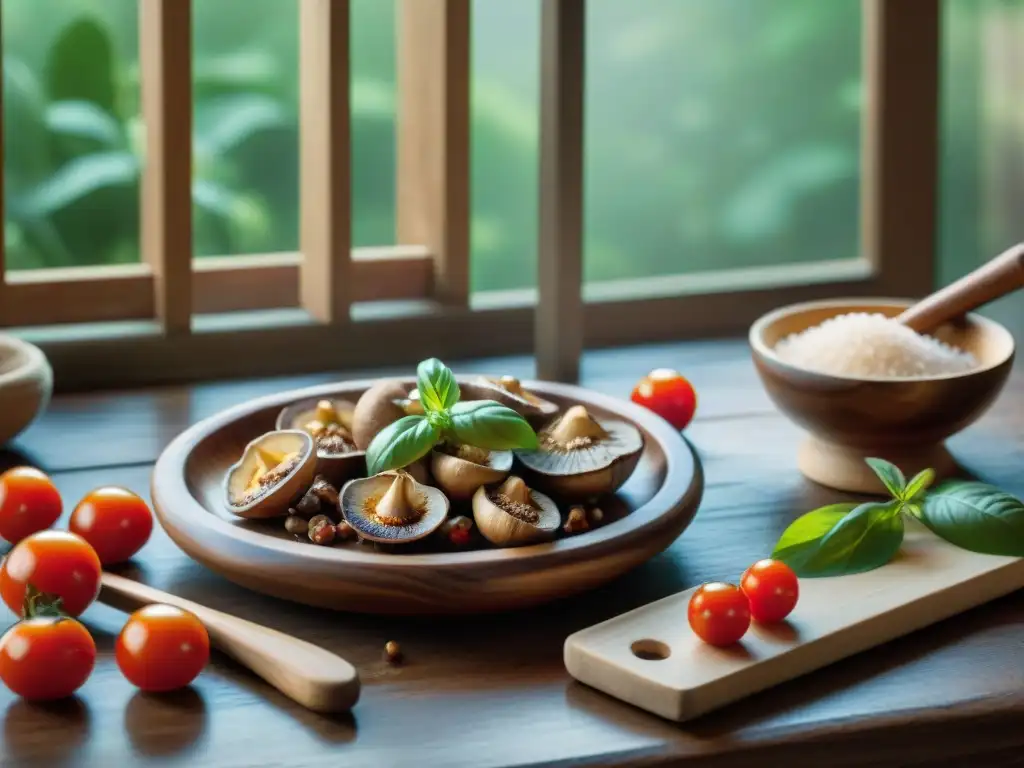 Una escena rústica de cocina italiana con ingredientes frescos para preparar setas Shiitake, inspirando la cocina italiana