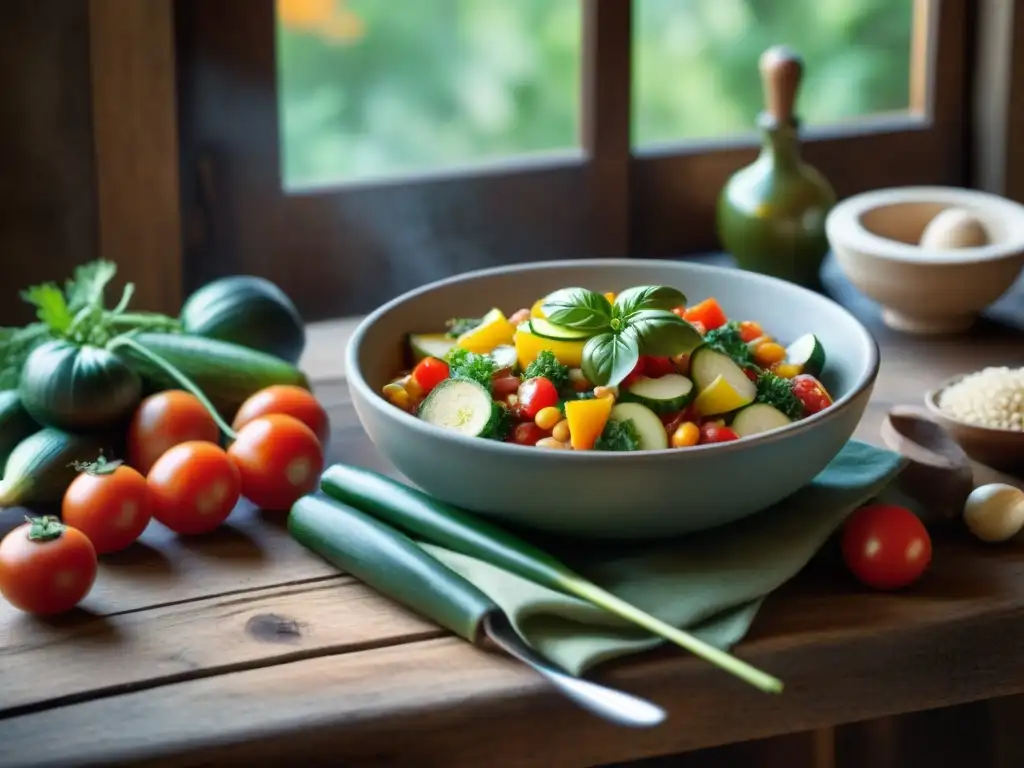 Escena rústica de cocina italiana con verduras frescas, chef cortando ingredientes para Sopa italiana Minestrone vegetariana saludable