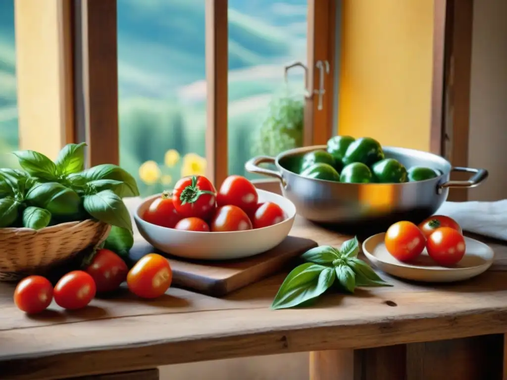 Una escena rústica de cocina italiana con ingredientes sostenibles en una mesa de madera envejecida, iluminada por el sol