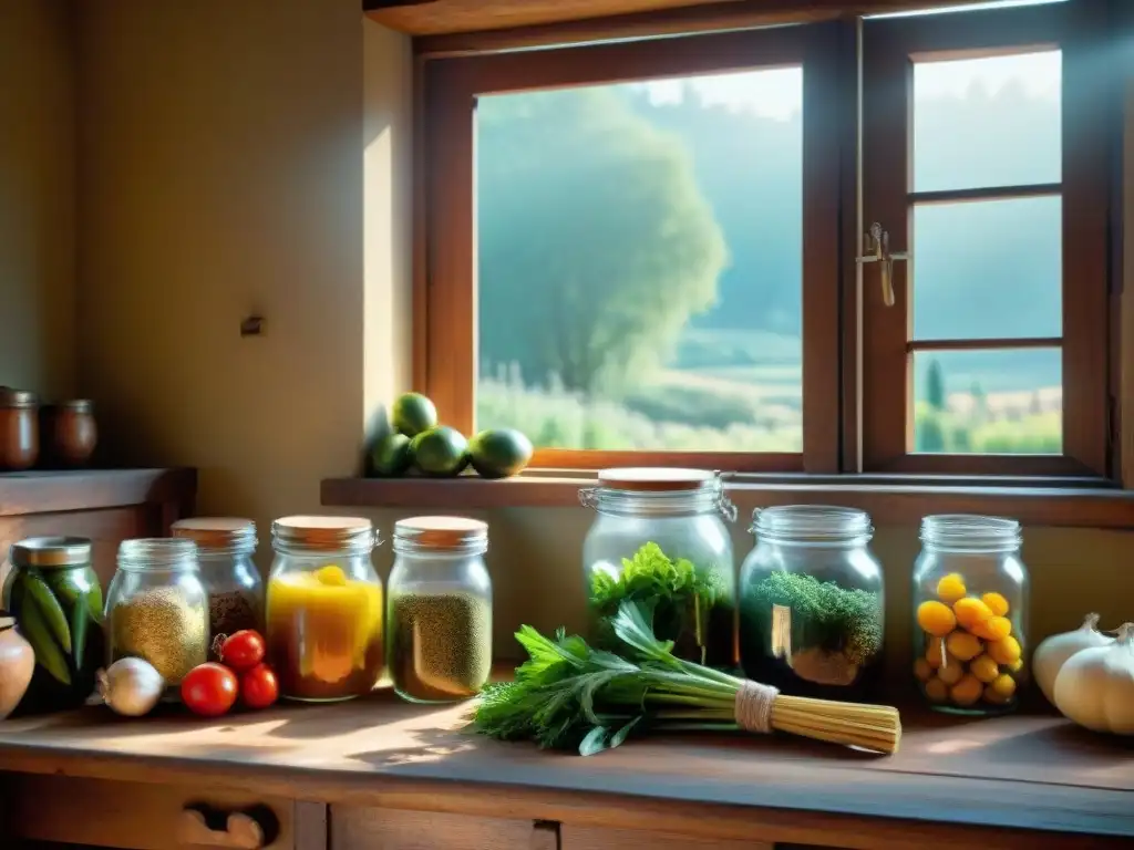 Escena rústica en una cocina italiana tradicional, llena de herramientas para conservar y encurtir