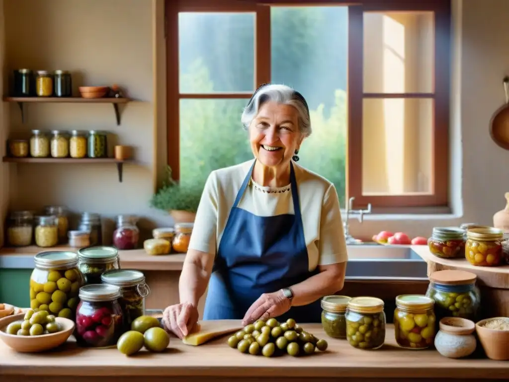 Una escena rústica de cocina italiana con alimentos fermentados, resaltando los beneficios de la cocina italiana tradicional