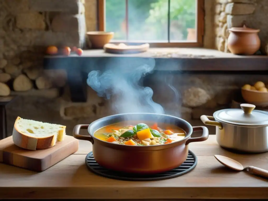 Una escena rústica de cocina italiana con una olla humeante de Acquacotta, rodeada de ingredientes tradicionales