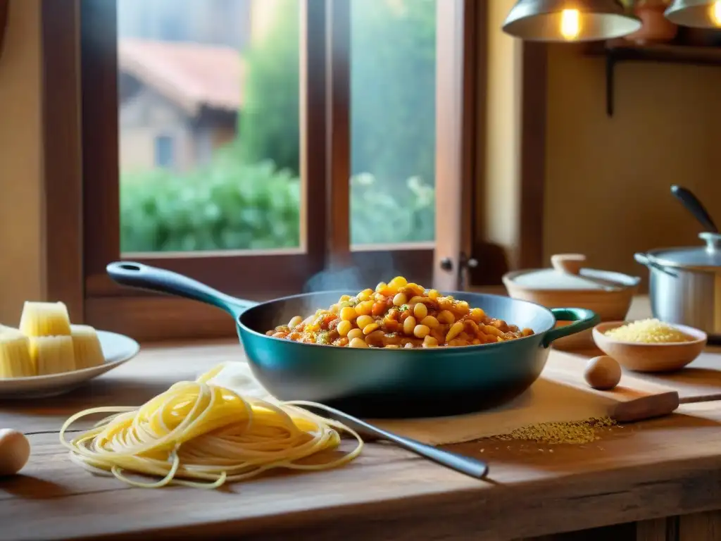 Una escena rústica de cocina italiana: una nonna preparando pasta e fagioli receta tradicional con cariño y destreza