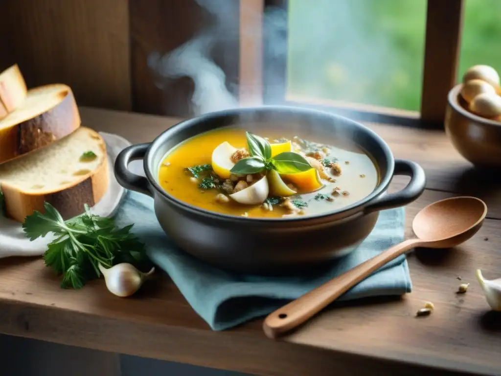 Una escena rústica de cocina italiana tradicional con una olla humeante de sopa de ajo en el centro