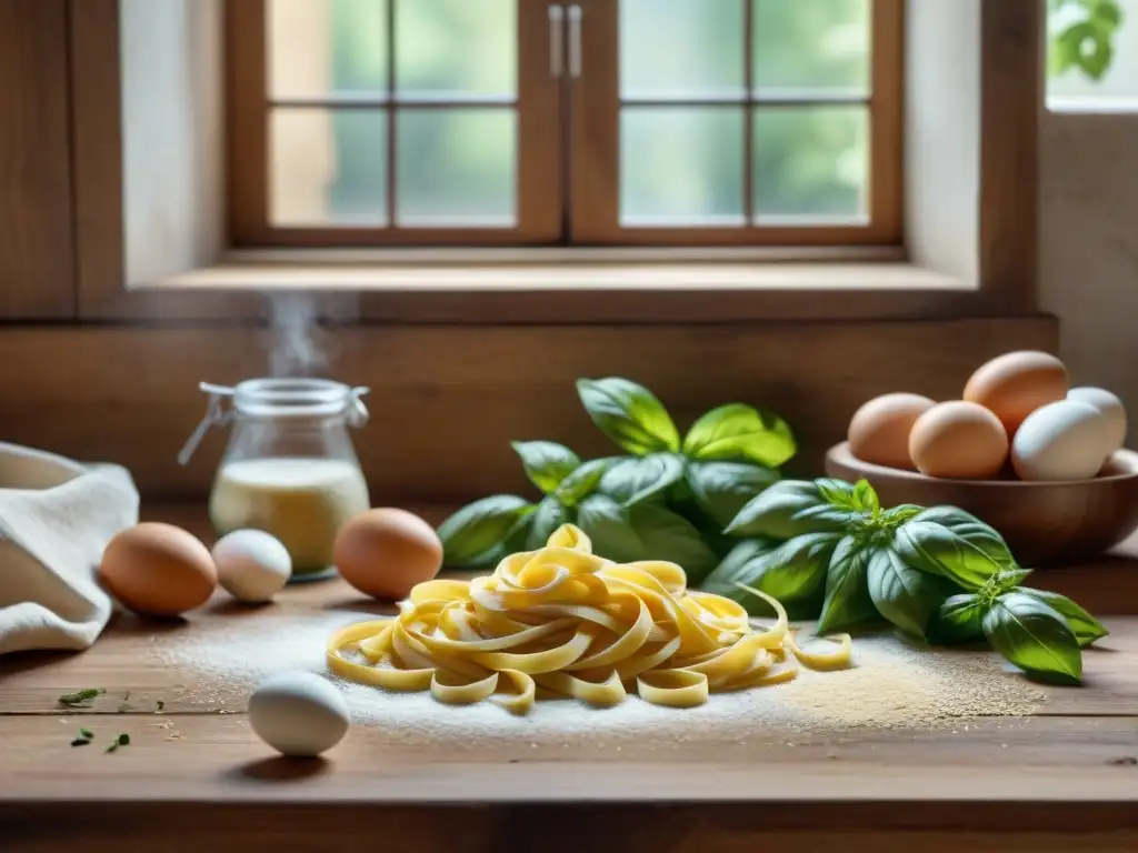 Escena rústica de cocina con recetas pasta fresca hecha casa: harina, huevos, albahaca y rodillo para pasta fresca