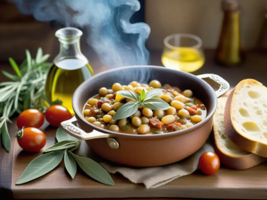 Escena rústica de cocina toscana con Fagioli all'Uccelletto receta tradicional: aromas auténticos y acogedores