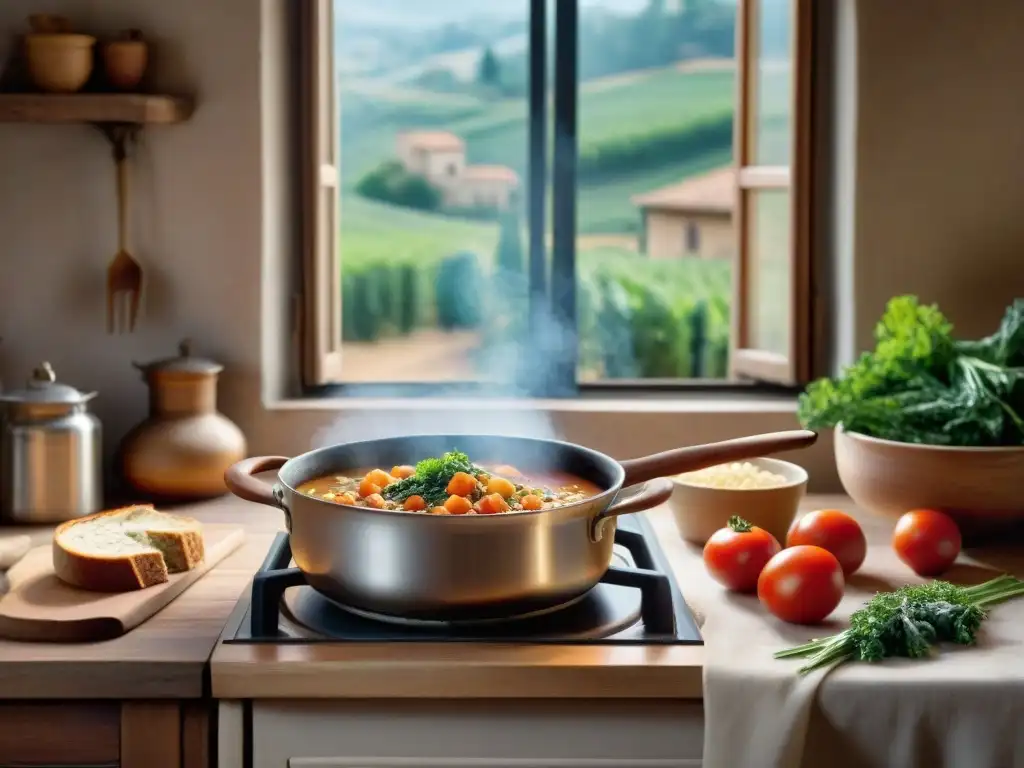 Una escena rústica en una cocina de la Toscana, con una nonna preparando sopa toscana ribollita receta tradicional