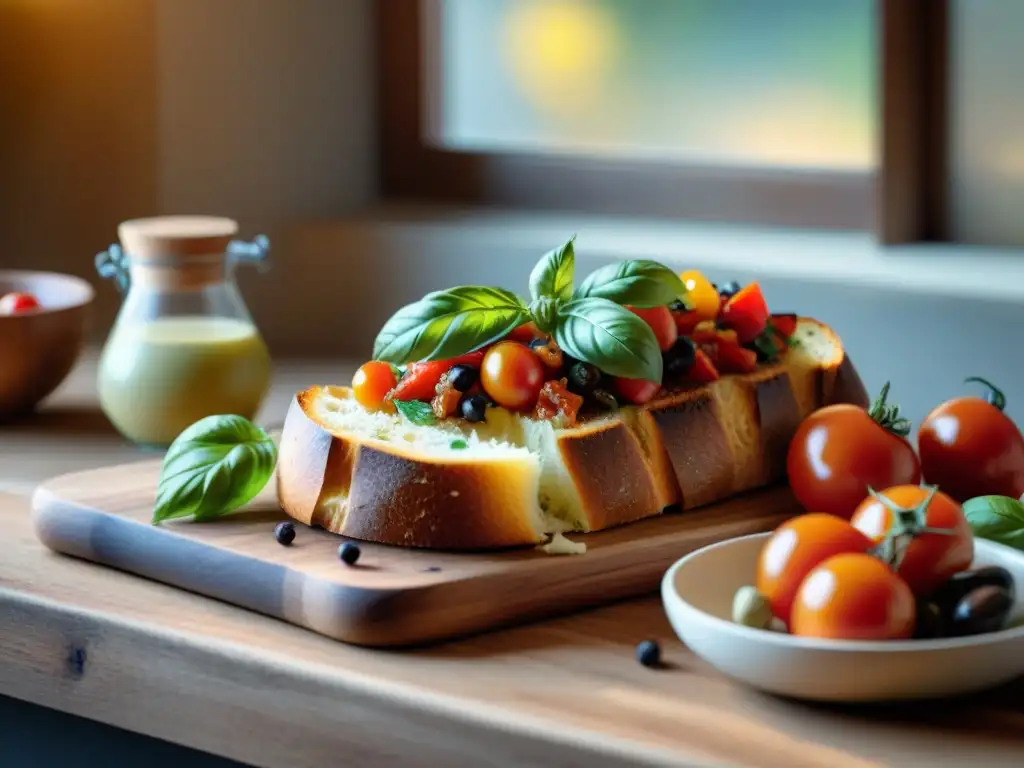 Escena rústica de una mesa con ingredientes frescos para preparar una receta tradicional bruschetta italiana