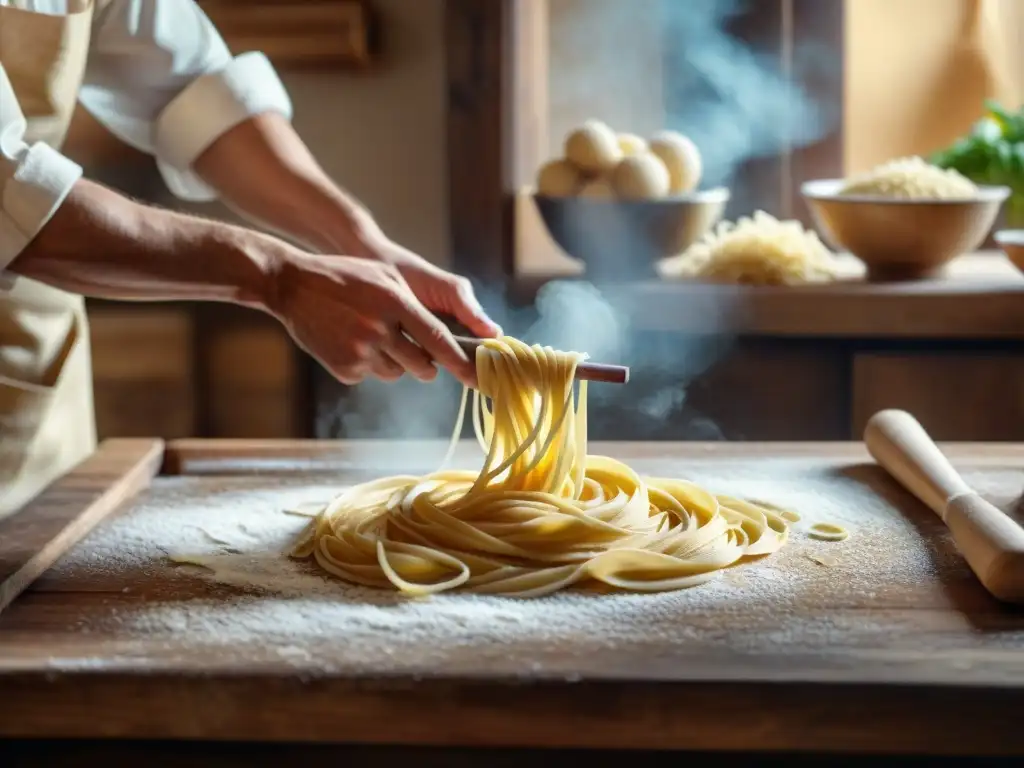 Escena rústica de la elaboración de pasta italiana en cocina tradicional: chef experto amasando masa mientras pasta seca al sol