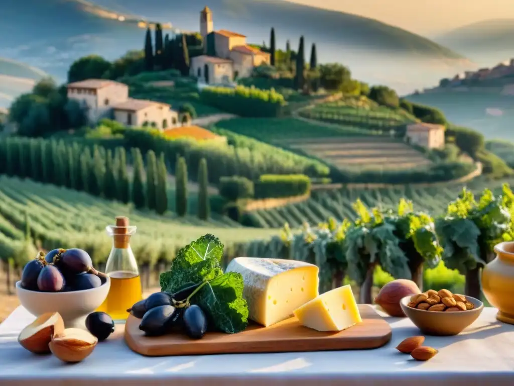 Una escena serena al atardecer en la campiña italiana, con una mesa de alimentos ricos en calcio