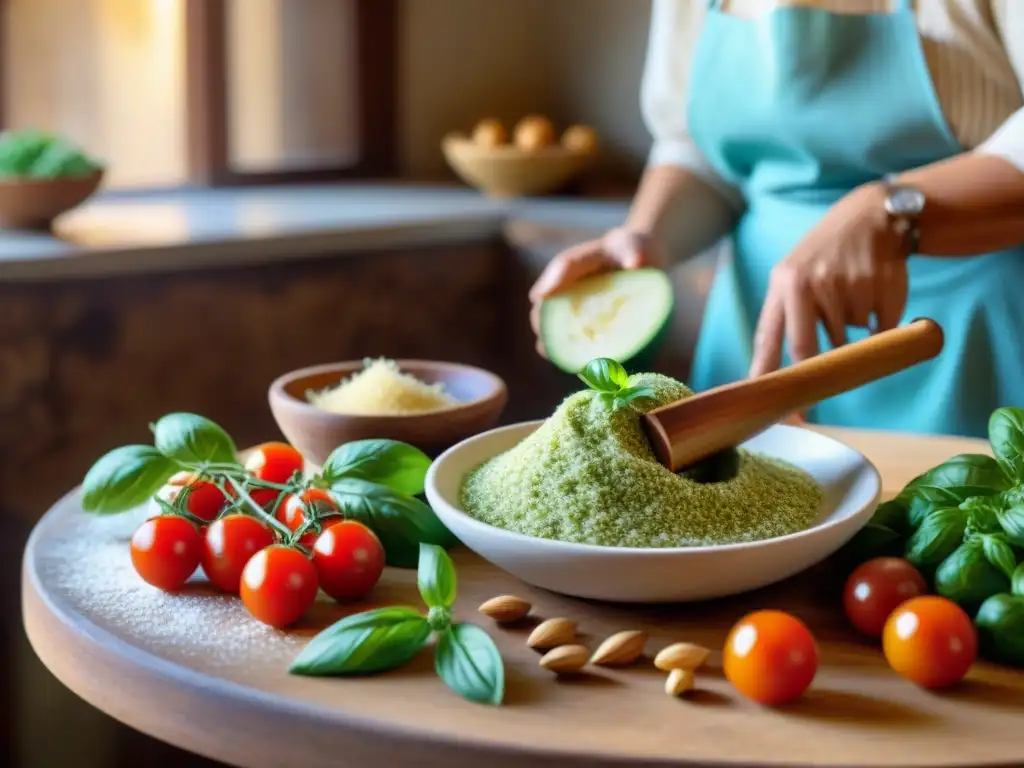 Una escena siciliana: Pesto Trapani versión siciliana en una cocina tradicional con ingredientes frescos y una nonna preparándolo