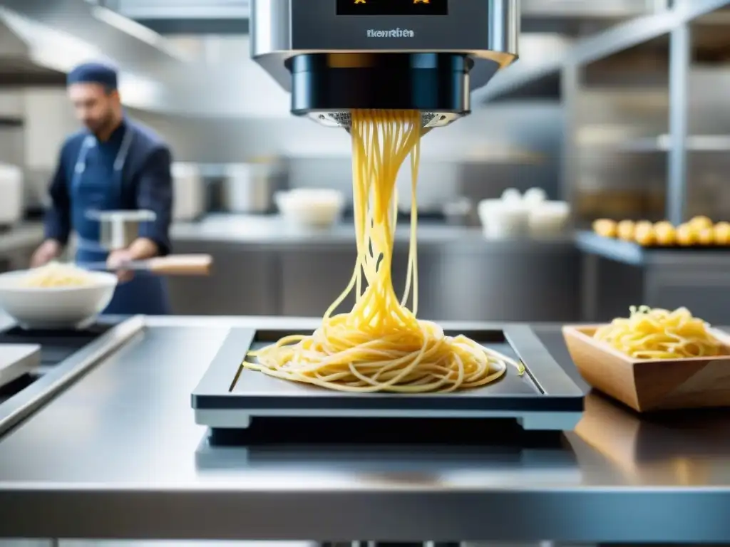 Una escena sorprendente: impresión 3D pasta italiana en una cocina moderna, chefs maravillados