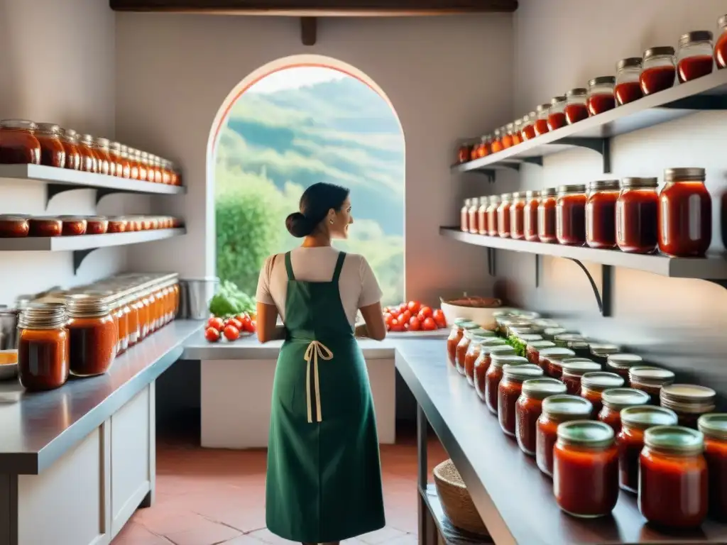 Escena de conservación salsa de tomate italiana: mujeres italianas sonrientes preparando salsa en cocina tradicional