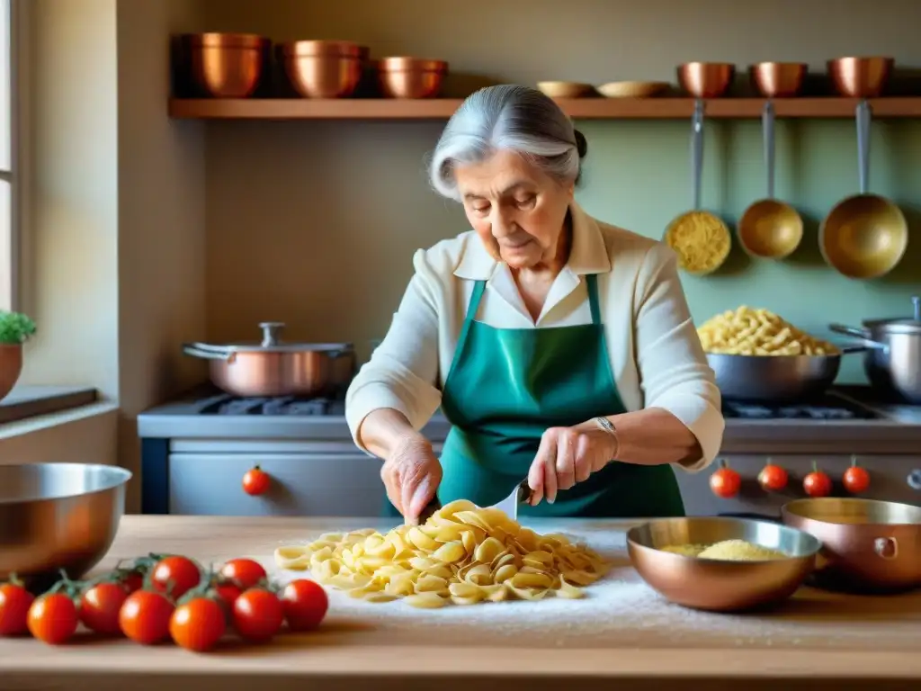 Una escena tradicional italiana en la cocina, con una nonna experta preparando platos tradicionales menos conocidos de Italia