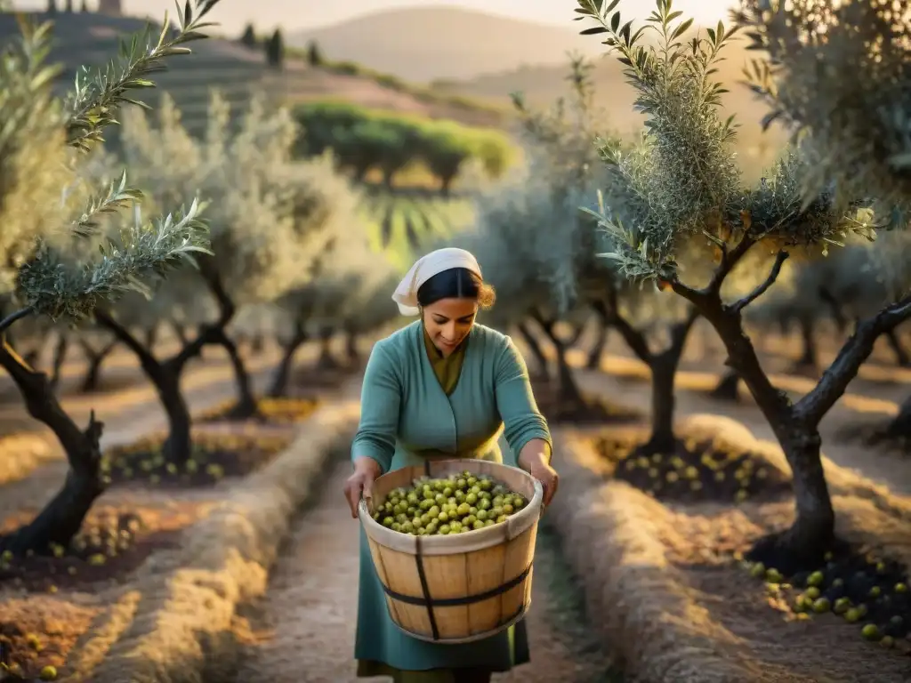 Una escena tradicional italiana en un olivar al atardecer, donde una nonna cosecha aceitunas a mano