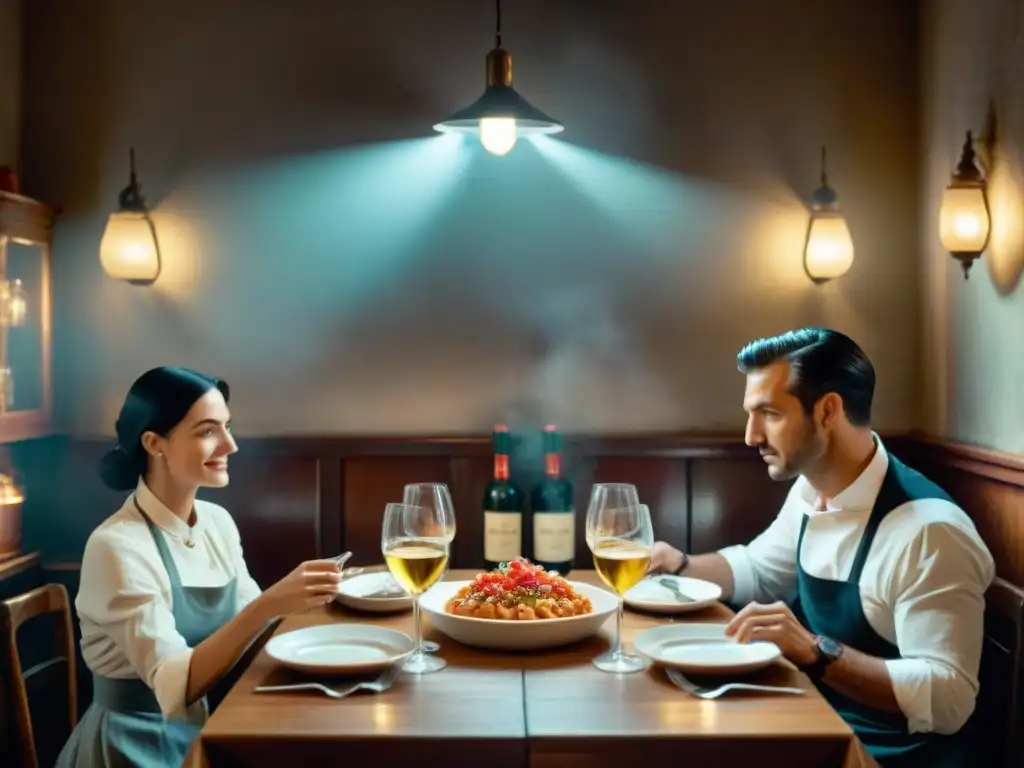 Escena de trattoria italiana: autenticidad y encanto en blanco y negro Escena de trattoria italiana en cine con pasta al Pomodoro y bruschetta