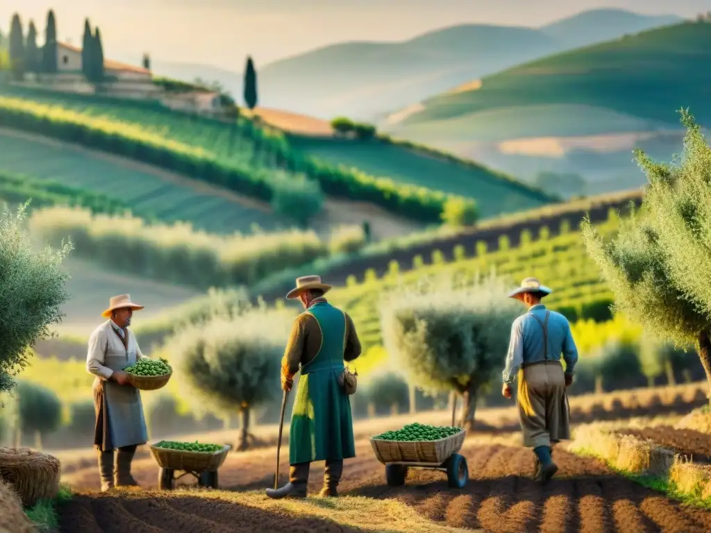 Una escena vibrante de agricultores italianos en un olivar, recolectando aceitunas bajo el sol