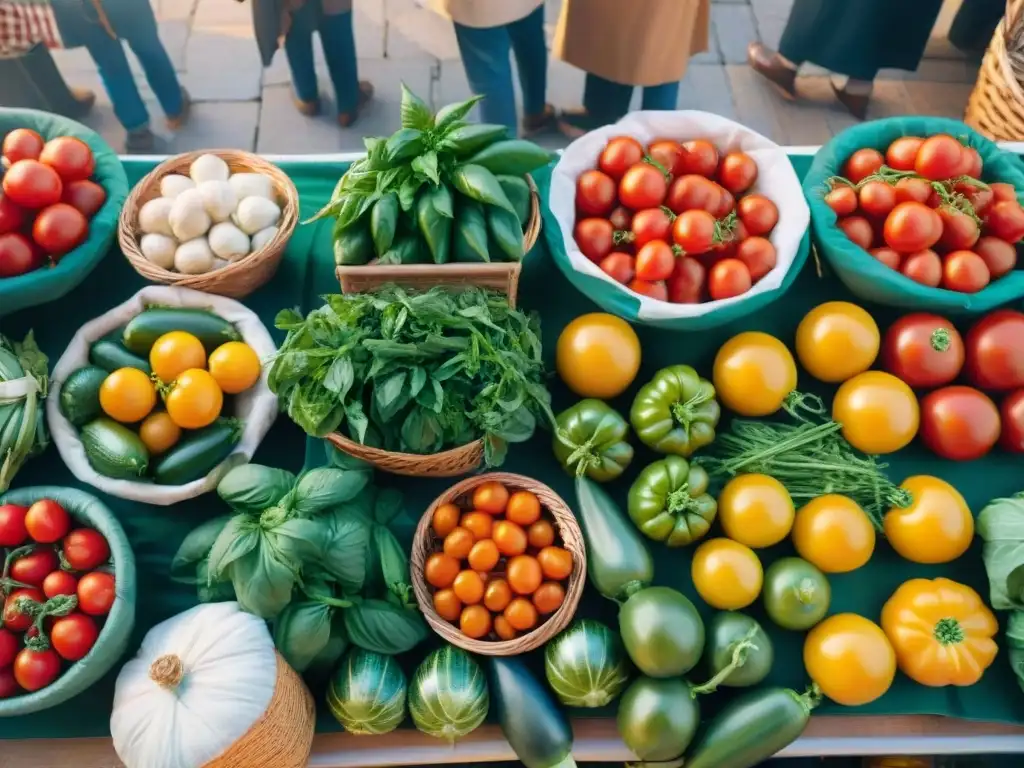 Una escena vibrante de un bullicioso mercado italiano con una variedad de productos frescos