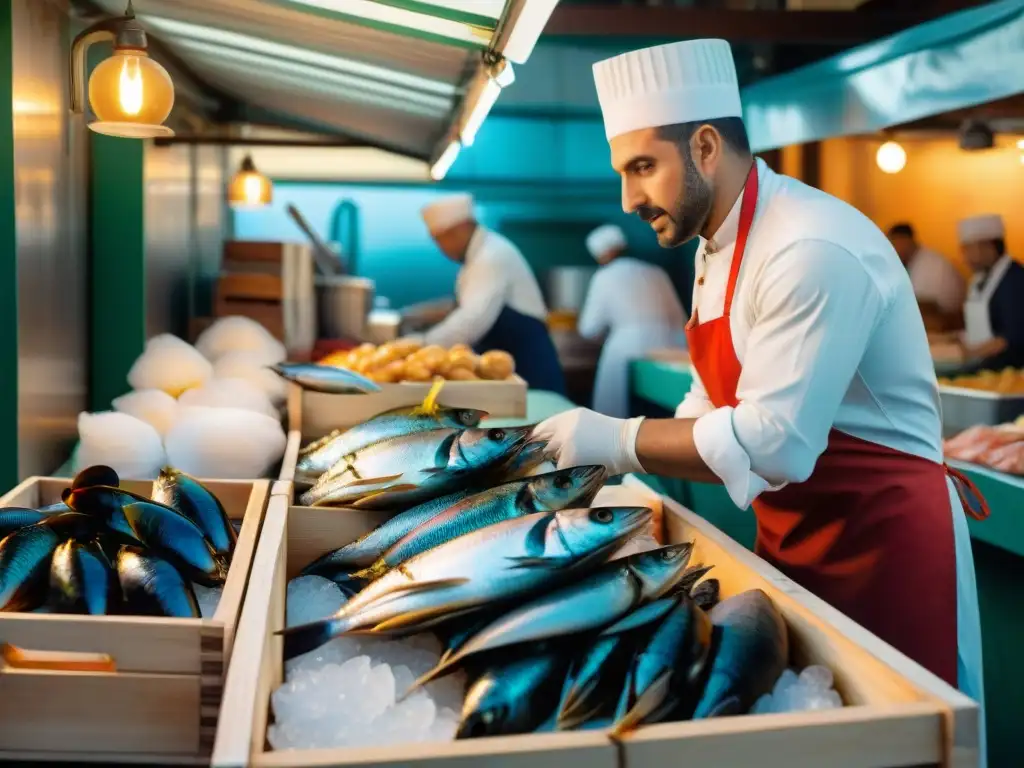 Una escena vibrante de un bullicioso mercado de pescado italiano, con una colorida variedad de mariscos frescos sobre mostradores llenos de hielo