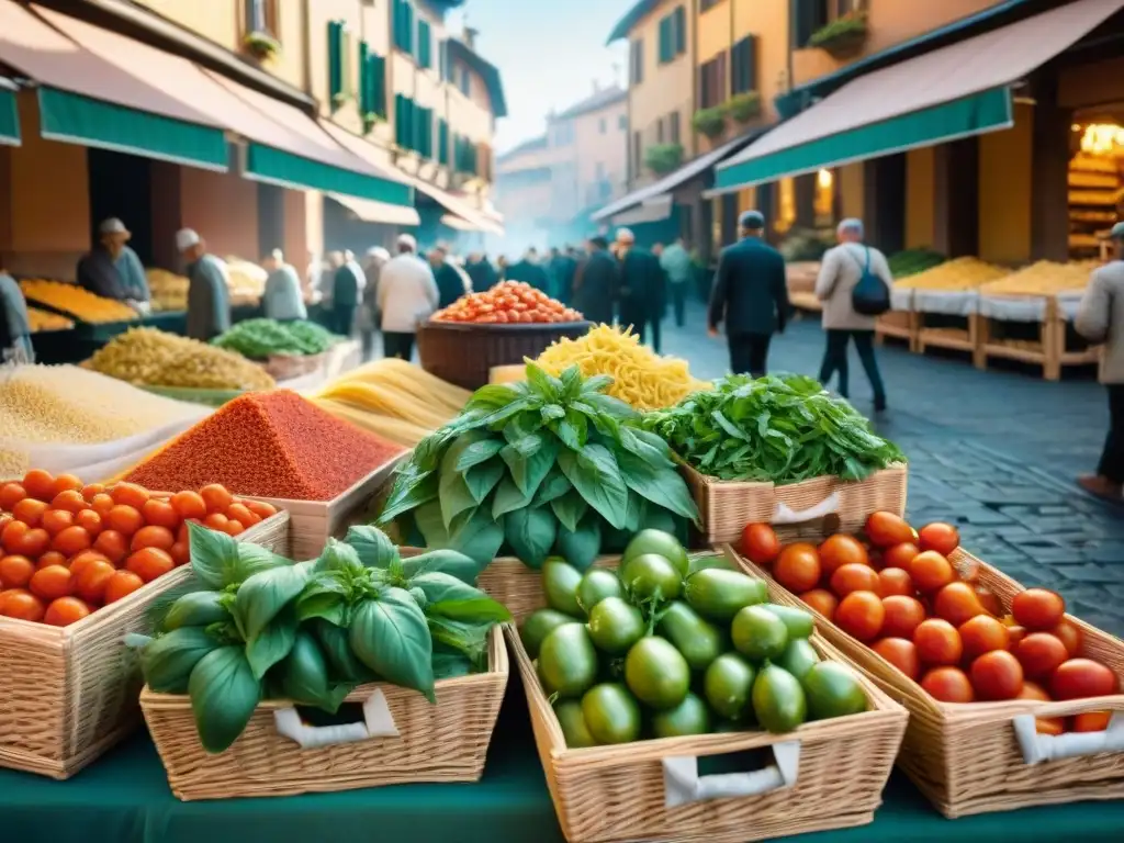 Escena vibrante en el bullicioso mercado italiano de Bolonia, con ingredientes frescos y pasta artesanal