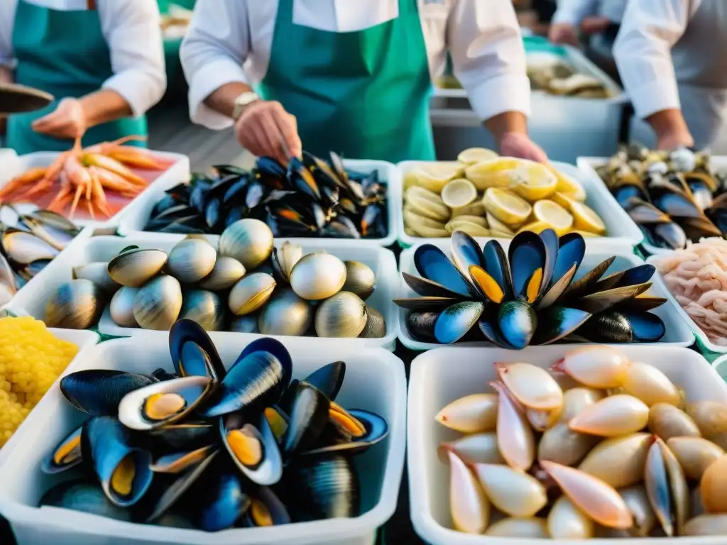 Una escena vibrante de un bullicioso mercado italiano de mariscos