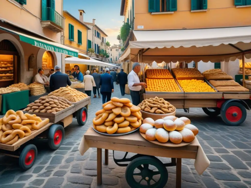 Una escena vibrante de un bullicioso mercado al aire libre en el sur de Italia, con bocadillos tradicionales y colores auténticos