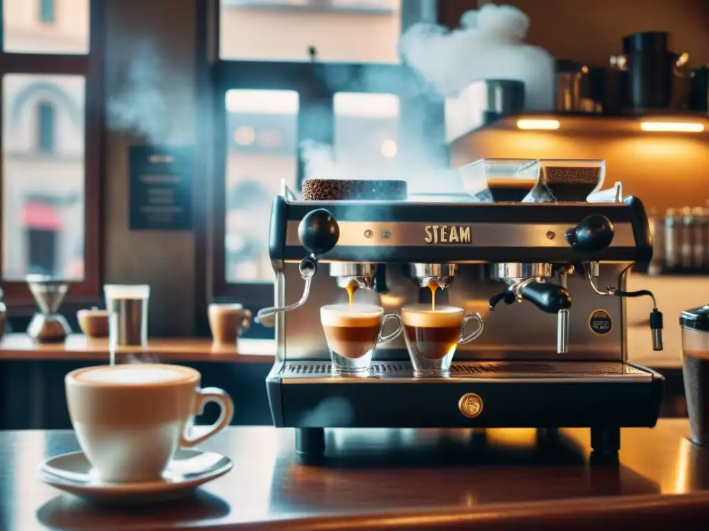 Escena vibrante en un café histórico italiano al amanecer, con baristas preparando espresso tradicional en una máquina vintage