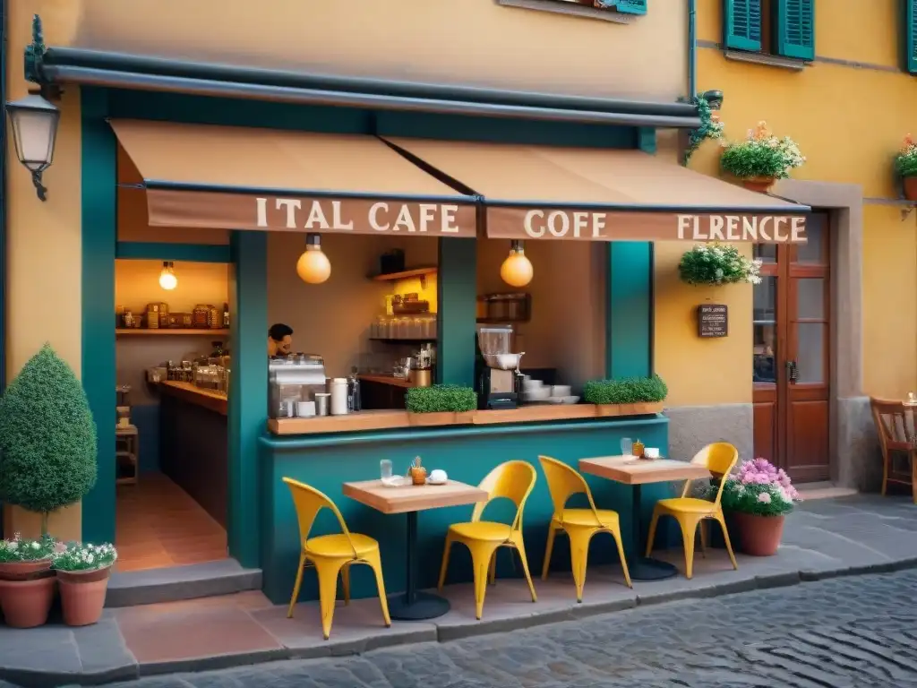 Escena vibrante en un café italiano en Florencia, con barista preparando espresso y clientes en mesas al aire libre