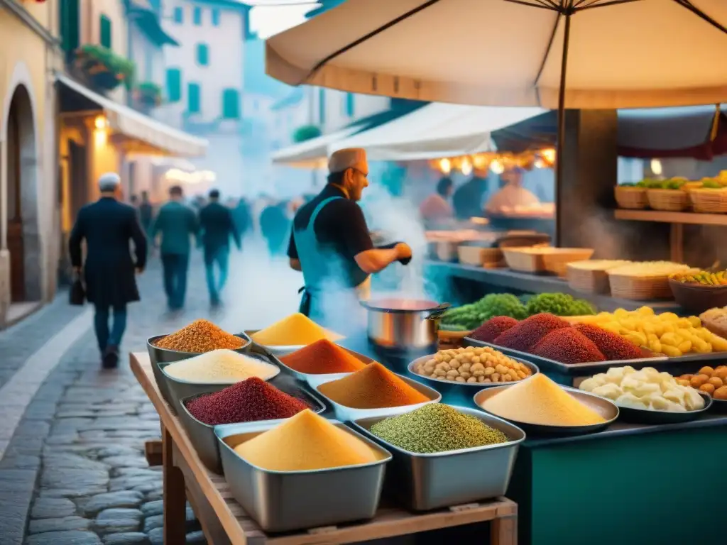 Escena vibrante en la calle de Friuli, Italia, con un vendedor preparando Frico plato callejero Friuli para clientes emocionados