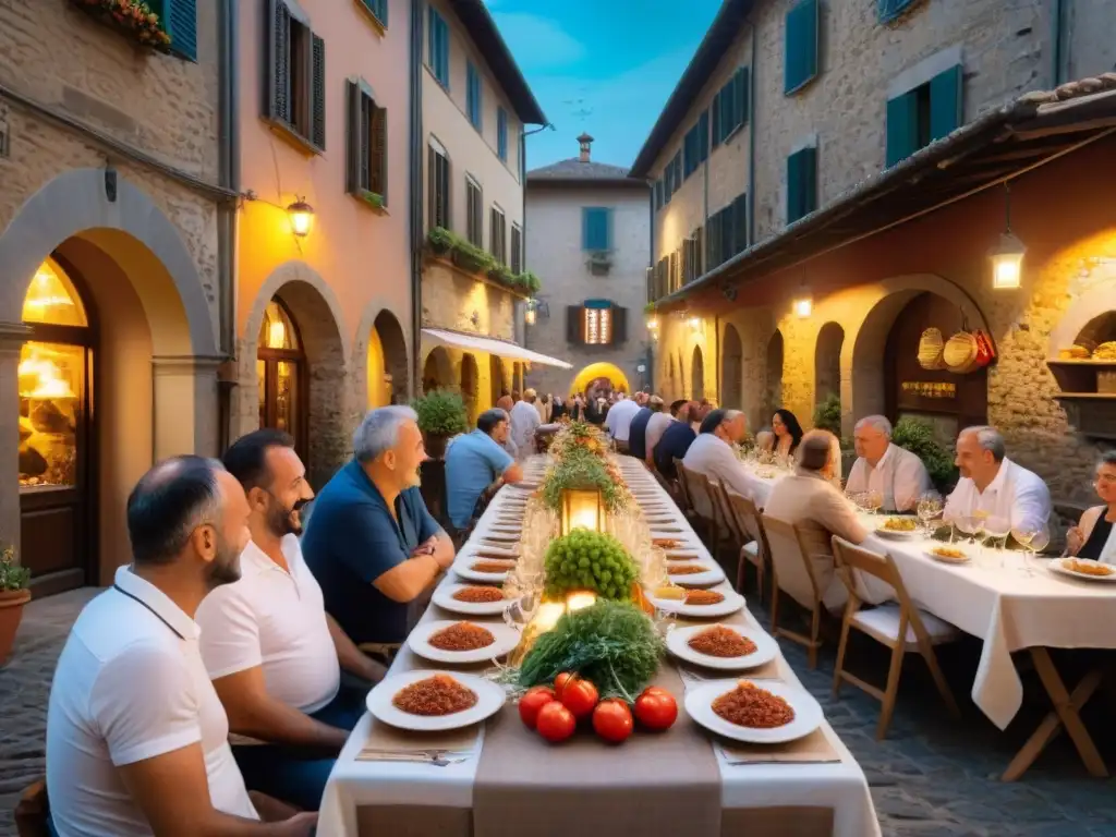 Una escena vibrante en las calles de Toscana durante un festival de comida local, con una mesa comunal larga llena de platos tradicionales como Coppa di Testa, Pappa al Pomodoro y Ribollita