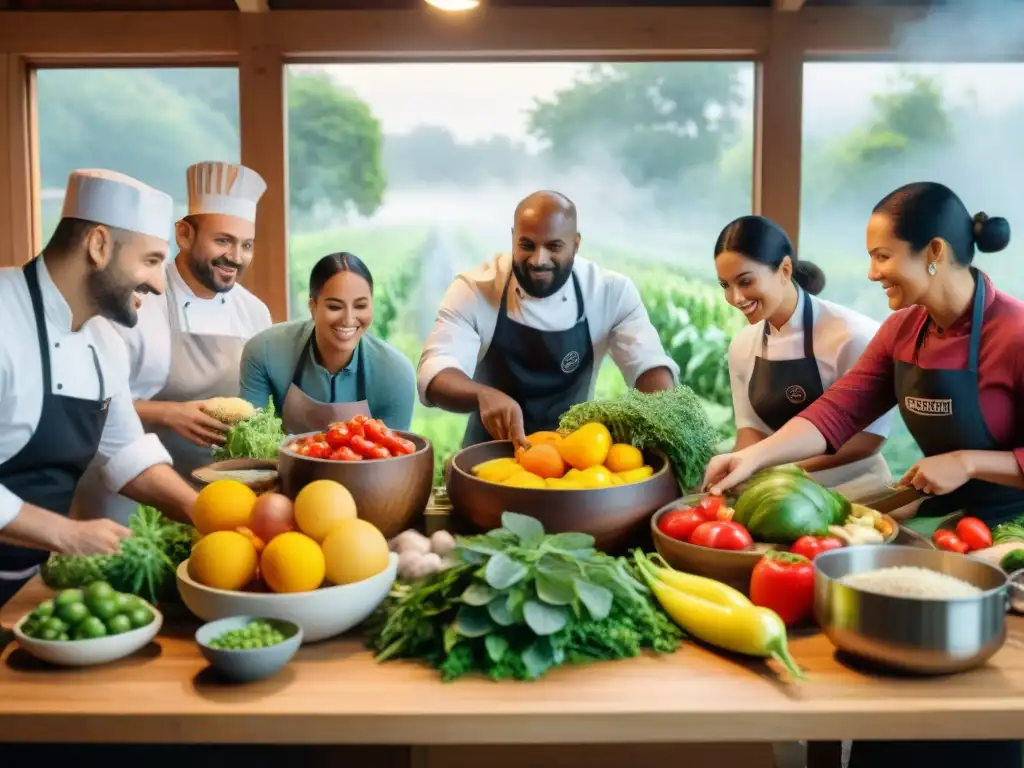 Una escena vibrante de chefs de todo el mundo en una cocina sostenible, rodeados de productos orgánicos frescos