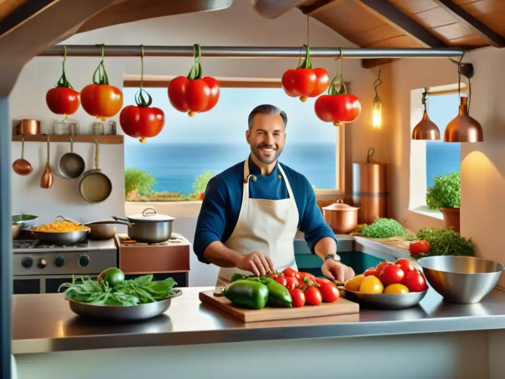 Una escena vibrante de cocina mediterránea con ingredientes frescos y un chef preparando platos saludables