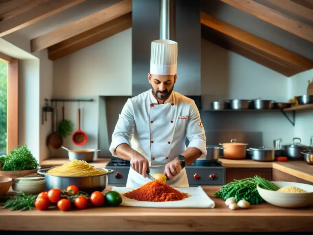 Escena vibrante en una cocina italiana tradicional: chef amasando pasta, salsas ricas, hierbas frescas y verduras coloridas