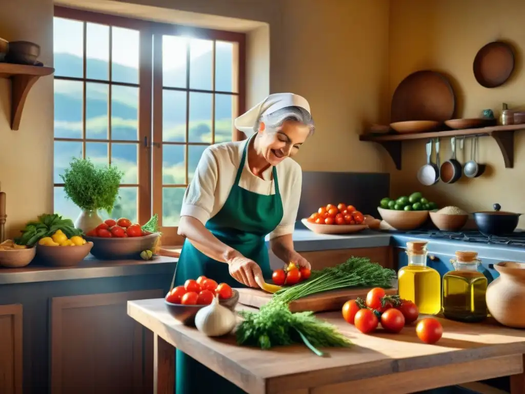 Una escena vibrante de cocina italiana con ingredientes antienvejecimiento en una mesa rústica de madera, destacando la esencia de la cocina italiana