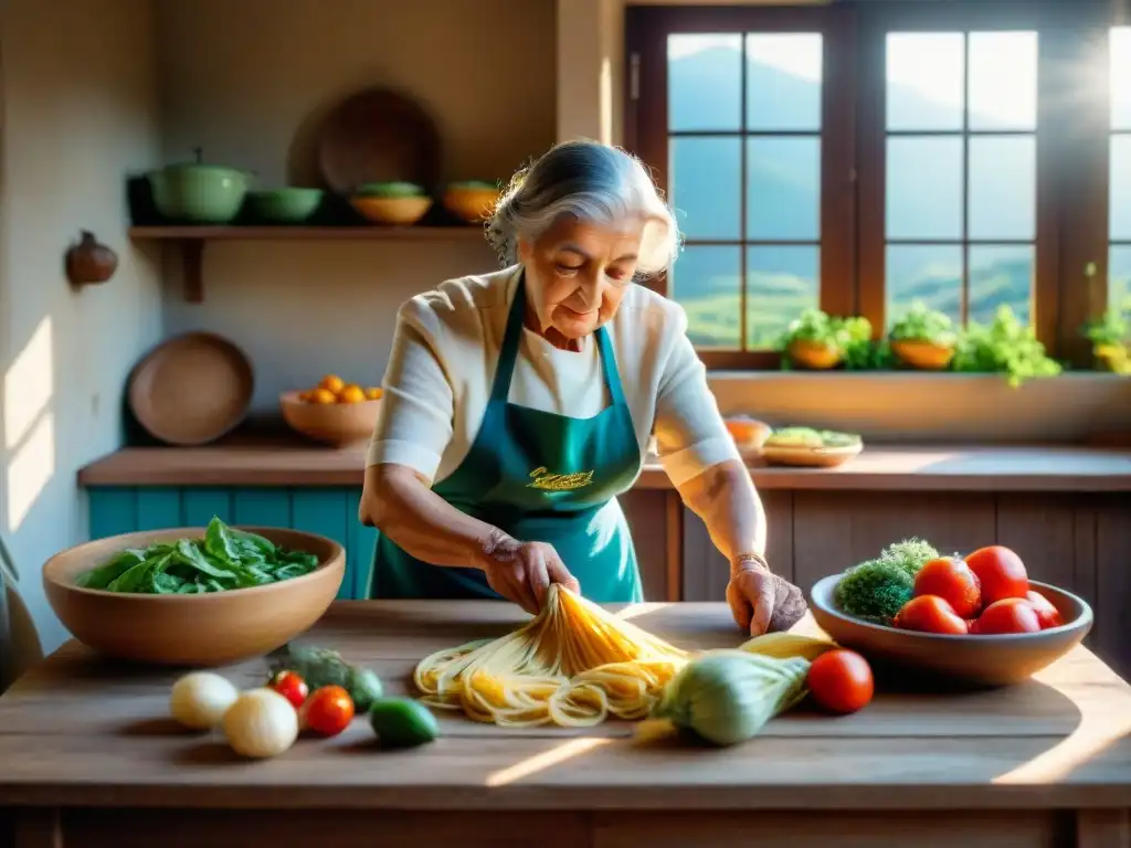 Escena vibrante de una cocina italiana tradicional con prácticas sostenibles