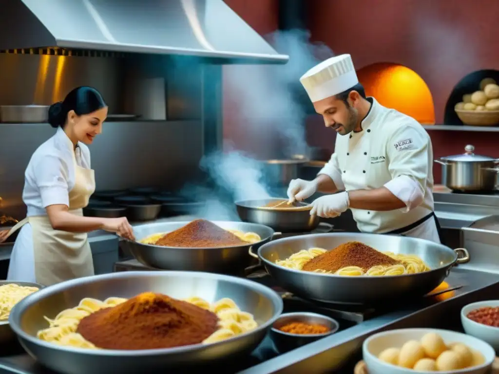 Escena vibrante en cocina italiana tradicional con chefs preparando platillos icónicos