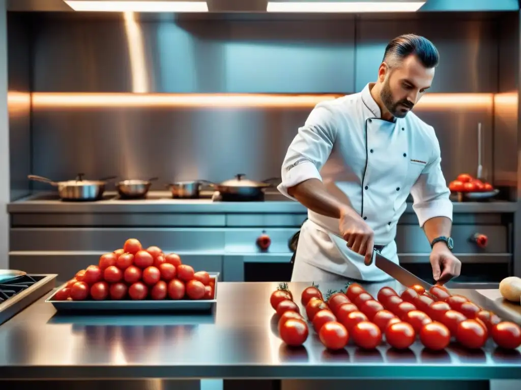 Escena vibrante en una cocina italiana moderna con enseñanza culinaria en streaming