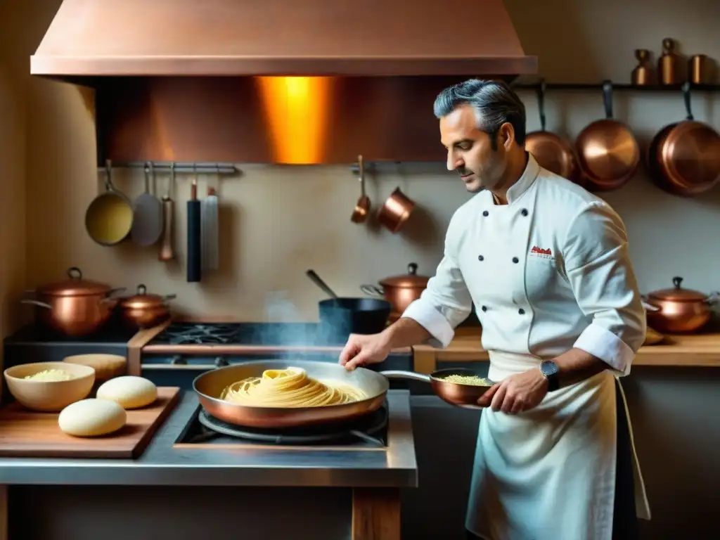 Escena vibrante de una cocina italiana tradicional: chef amasando pasta, ollas hirviendo, ingredientes frescos y cálida luz en cazuelas de cobre