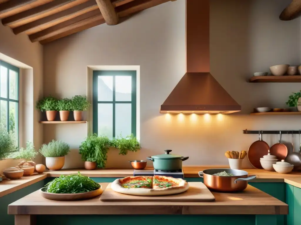 Escena vibrante de una cocina italiana tradicional: chef haciendo pizza, hierbas frescas, rayos de sol