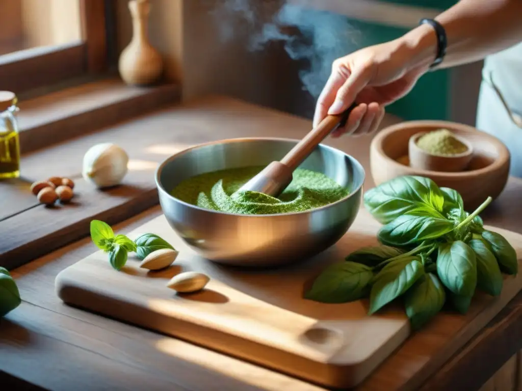 Escena vibrante en una cocina italiana tradicional, donde un chef prepara con destreza salsa pesto