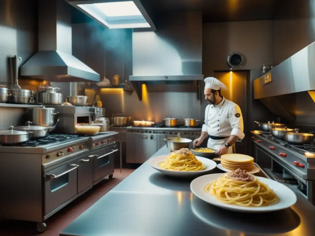 Escena vibrante de cocina italiana en set de cine con chefs preparando recetas inspiradas en cine, rodeados de cámaras y rollos de película