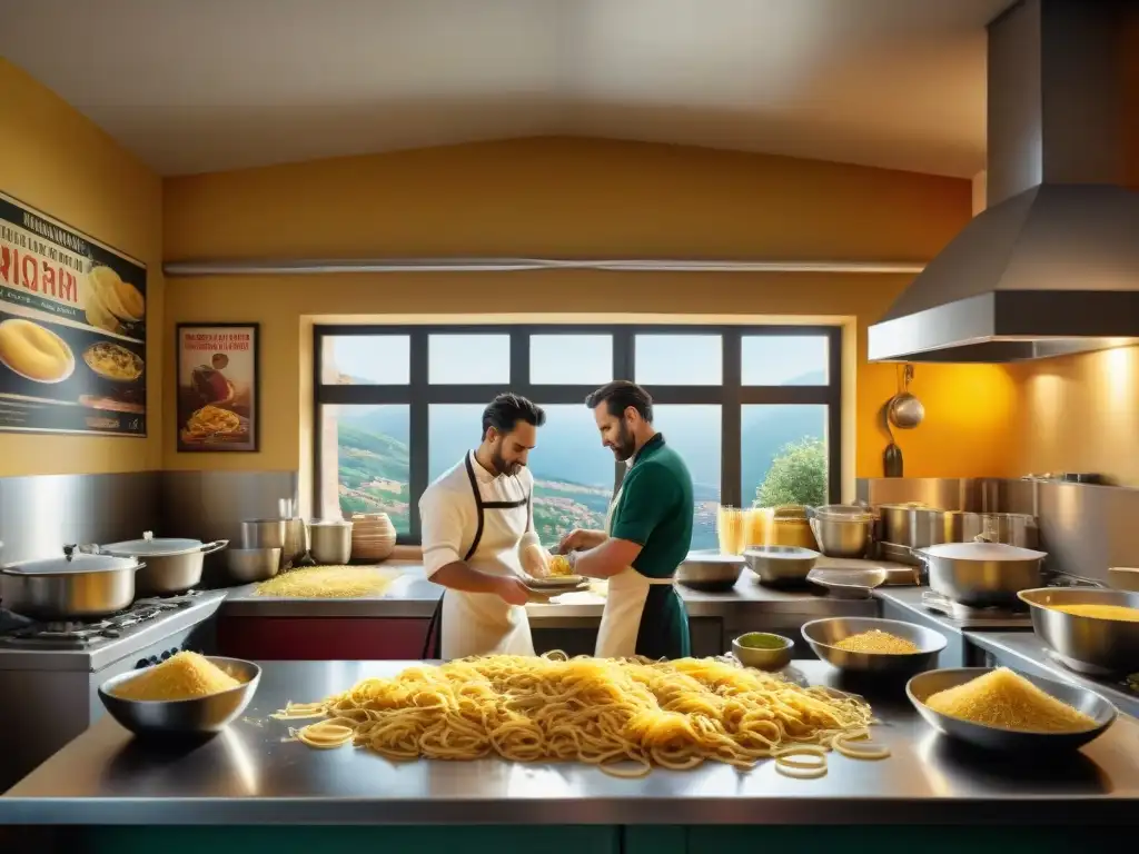 Escena vibrante de cocina italiana clásica, con chefs preparando pasta