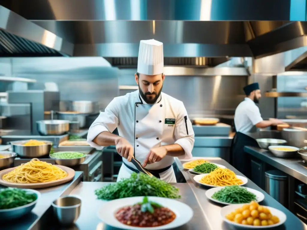 'Escena vibrante en cocina de restaurante italiano sostenible, chefs preparan platos tradicionales