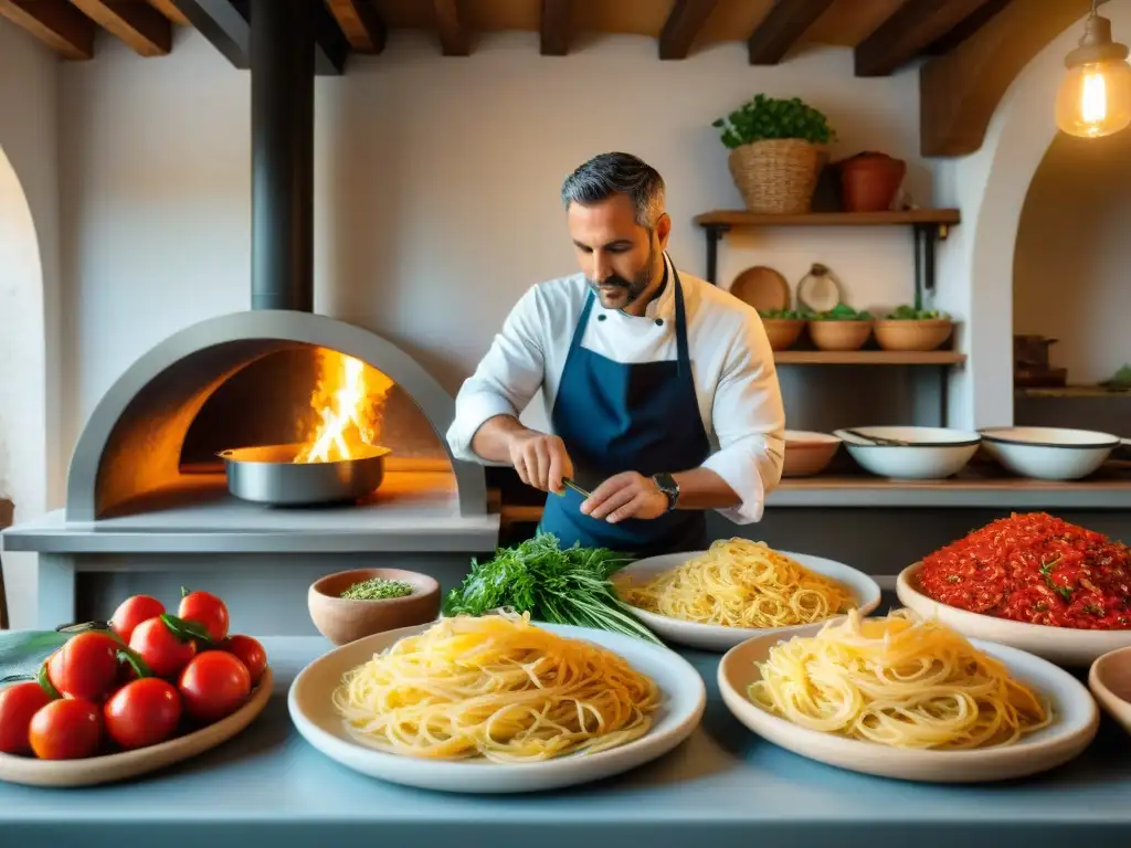 Una escena vibrante de cocina tradicional italiana en la Costa Amalfitana con platos coloridos y una pizza napolitana en horno de leña