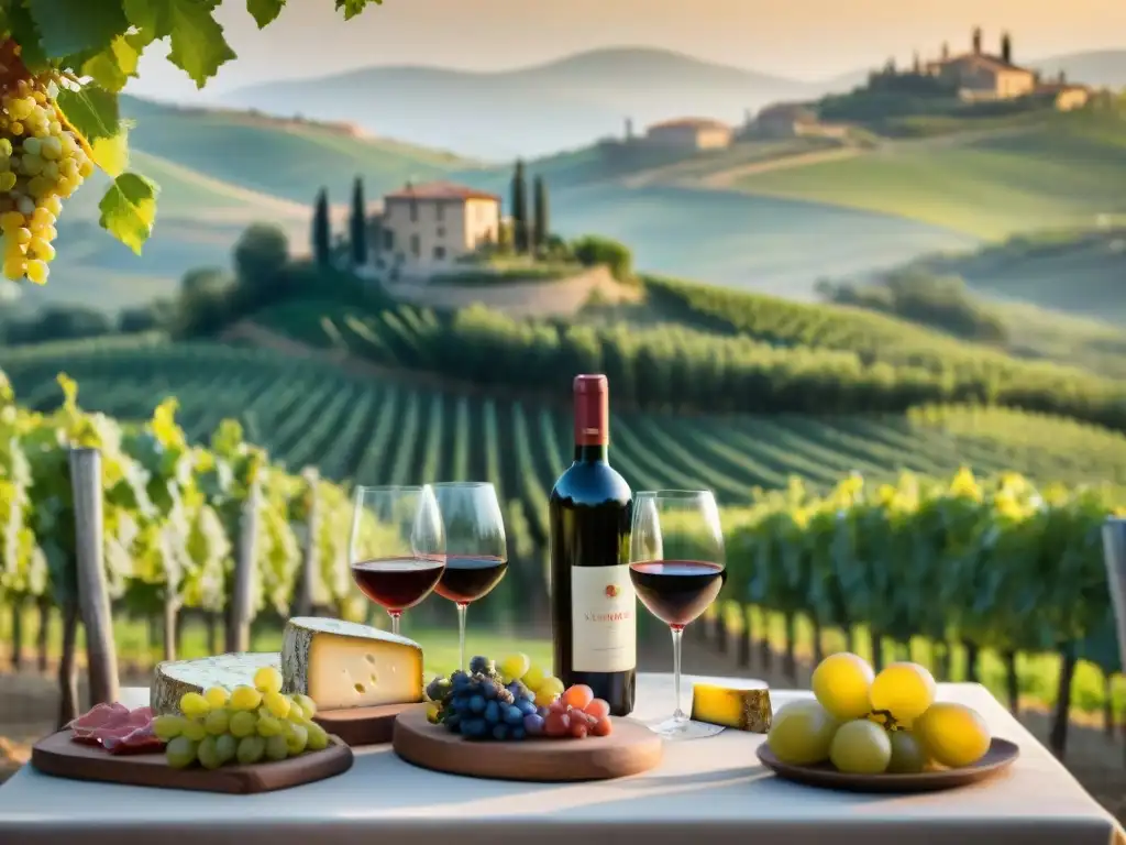 Una escena vibrante de estancias en viñedos gastronomía italiana: una mesa elegante con delicias culinarias rodeada de viñedos en la Toscana