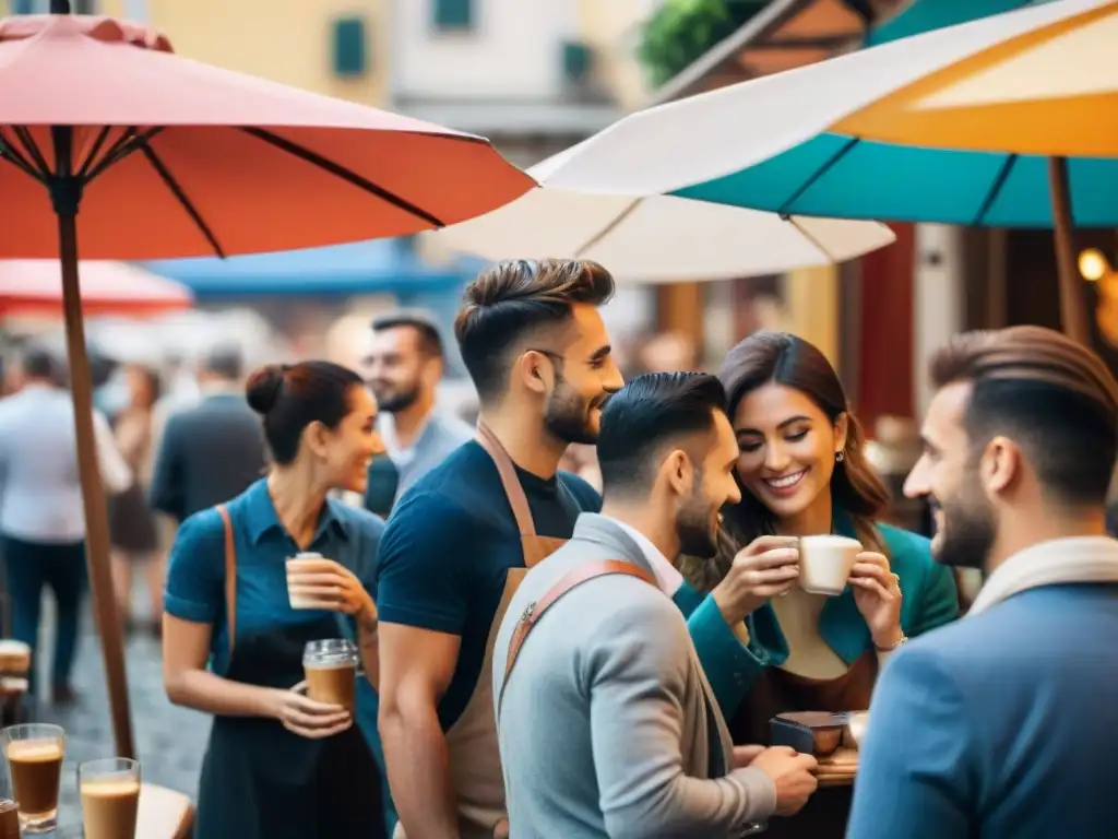 Escena vibrante de festival espresso en Italia: Café, baristas y júbilo bajo sombrillas coloridas